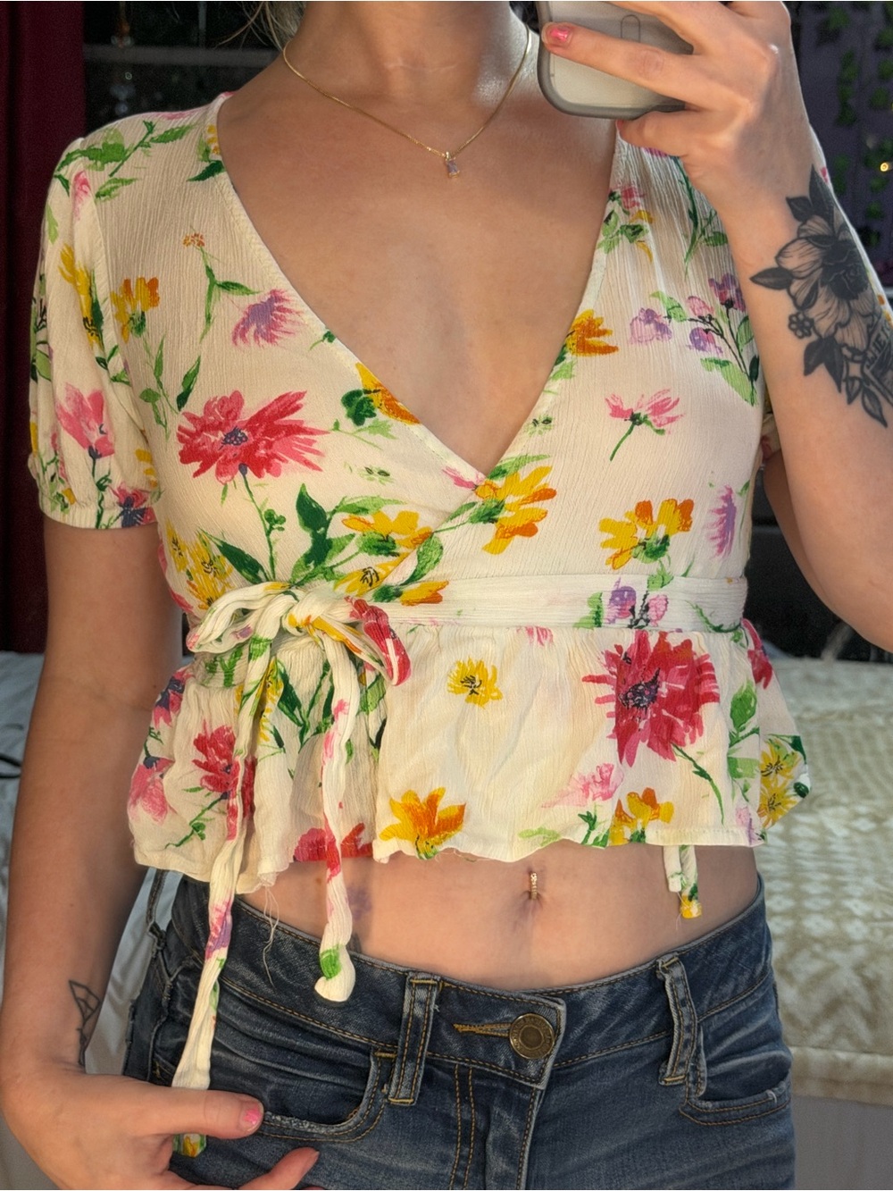 one clothing Cream Floral Wrap Tie-Front Crop Top